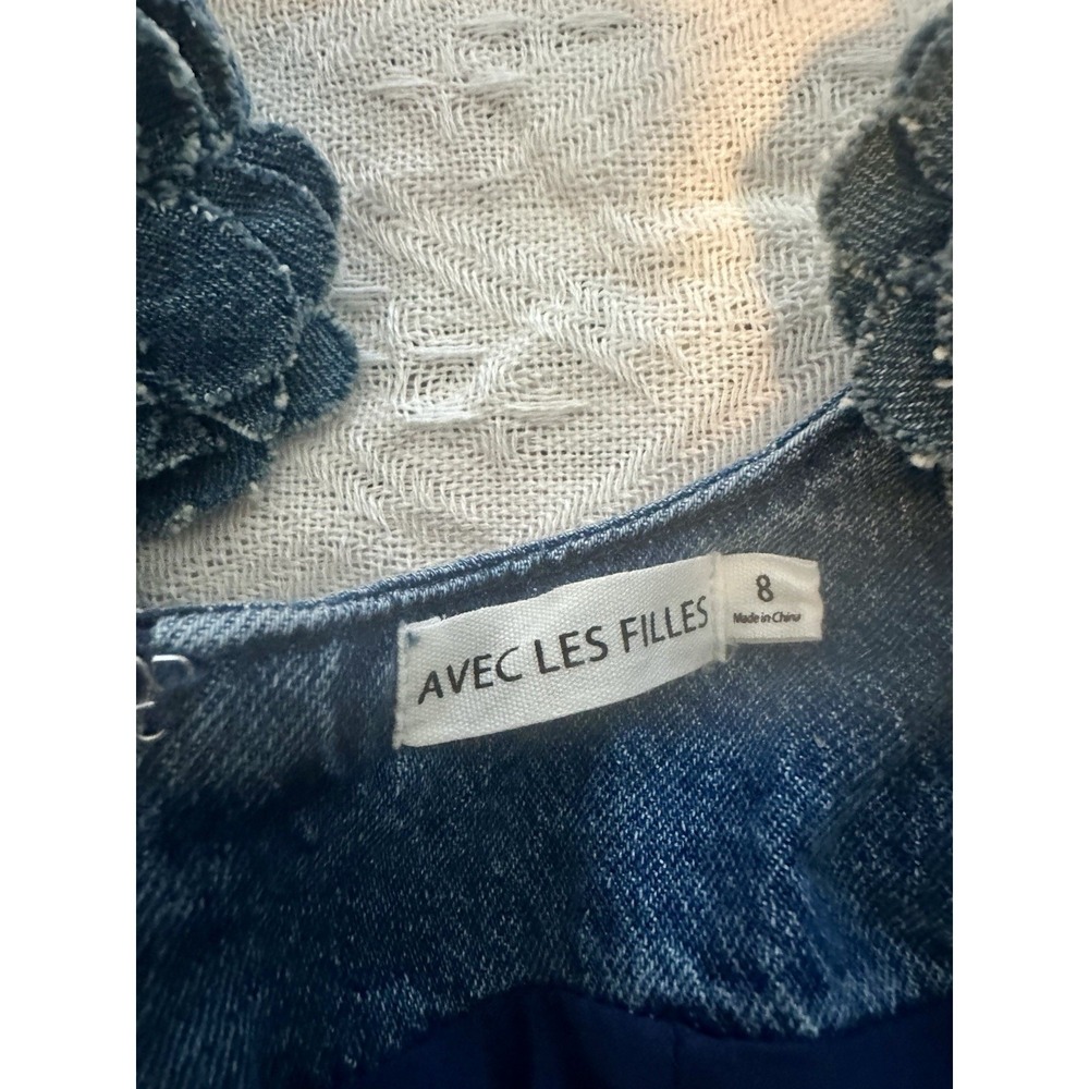 Avec Les Filles Sleeves Denim Sheath Mini Dress With Denim Flowers Size 8 - Picture 6 of 9